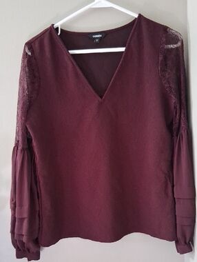 Express Women's Wine V-Neck Lace Sleeve Blouse